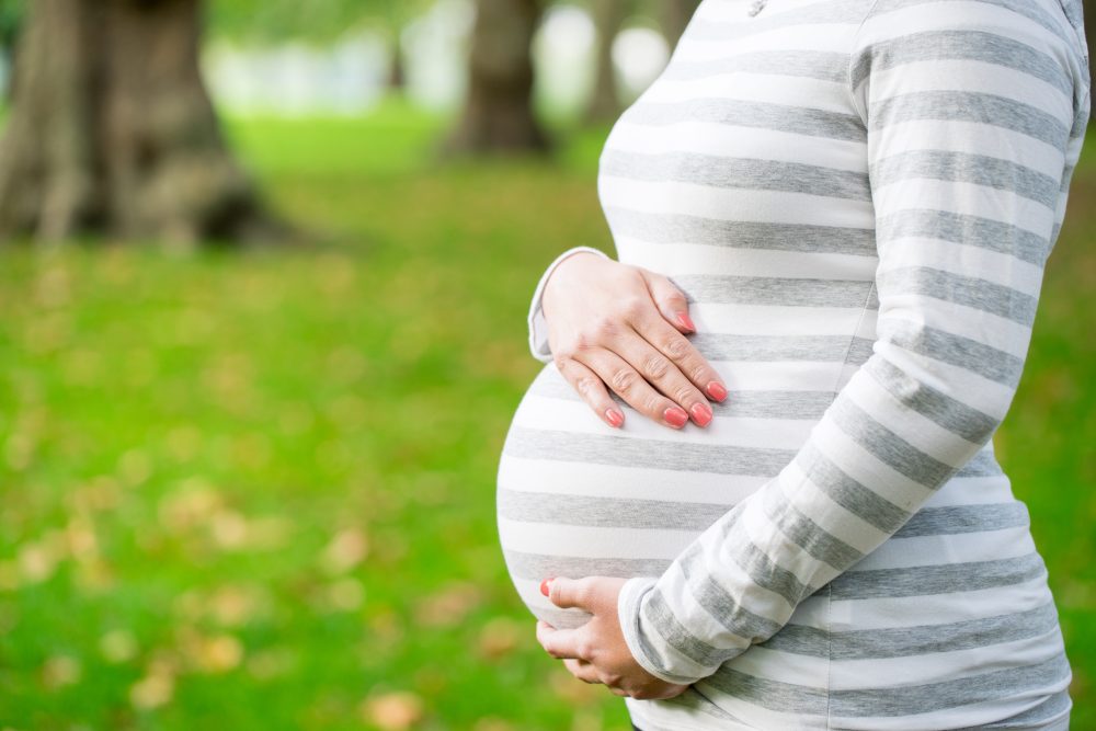 Happy and young pregnant woman in park in summer